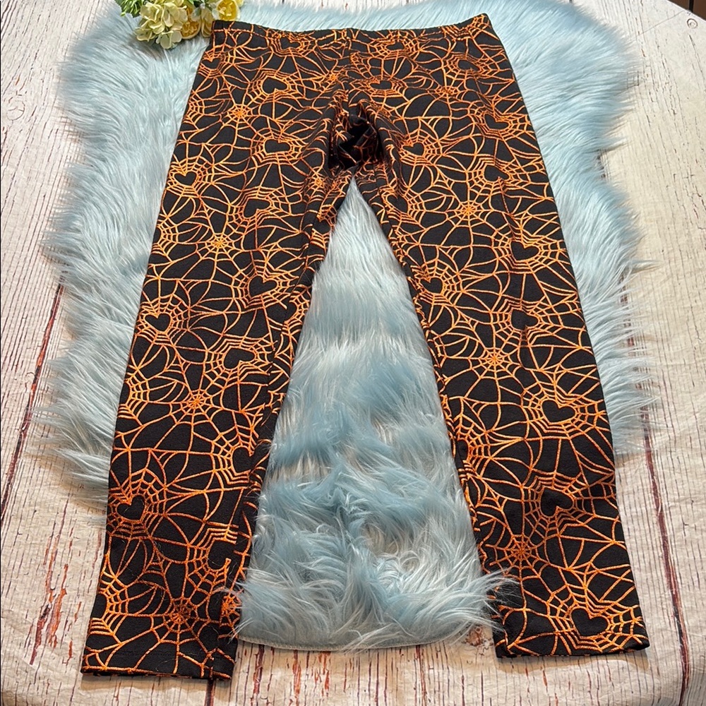 Way to celebrate! Halloween Orange Metallic Spider Web Heart Black Leggings XXL